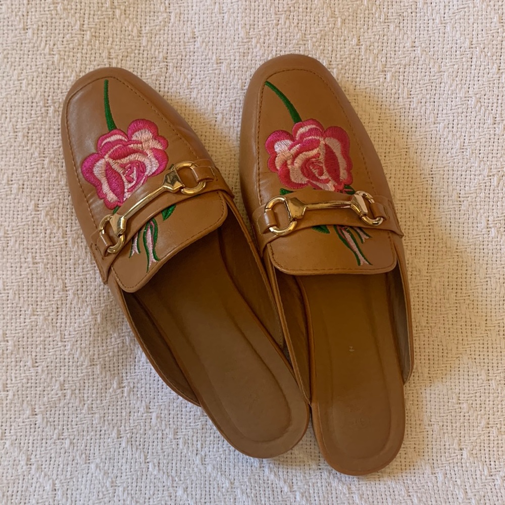 Cute faux leather loafers with pink flower embroidery
